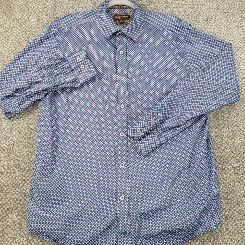 Johnston & Murphy Mens Large Blue Brown Geometric Print Cotton Button Down Shirt